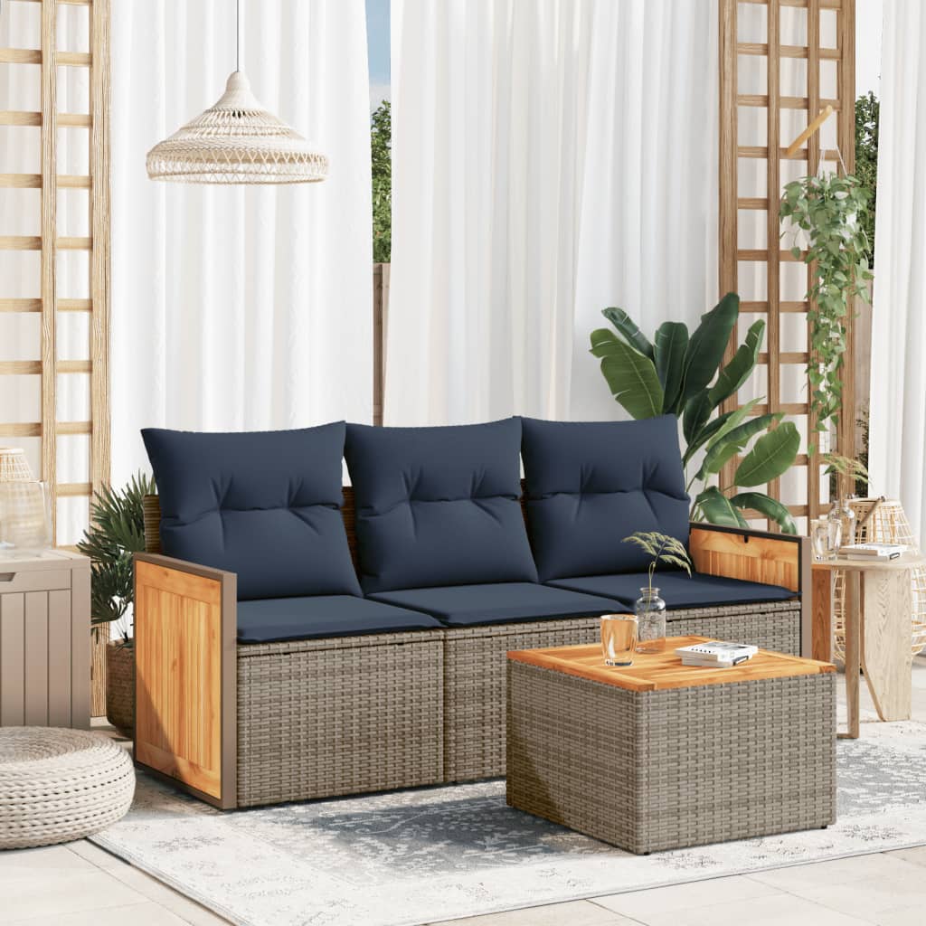 vidaXL 4-teiliges Gartensofa-Set mit Kissen, grau, Polyrattan