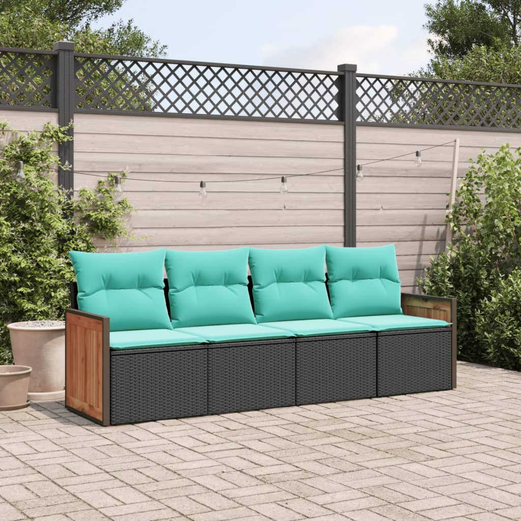 vidaXL 4-teiliges Gartensofa-Set mit Kissen, schwarzes Polyrattan
