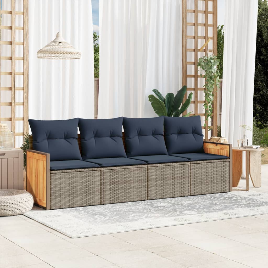 vidaXL 4-teiliges Gartensofa-Set mit Kissen, grau, Polyrattan