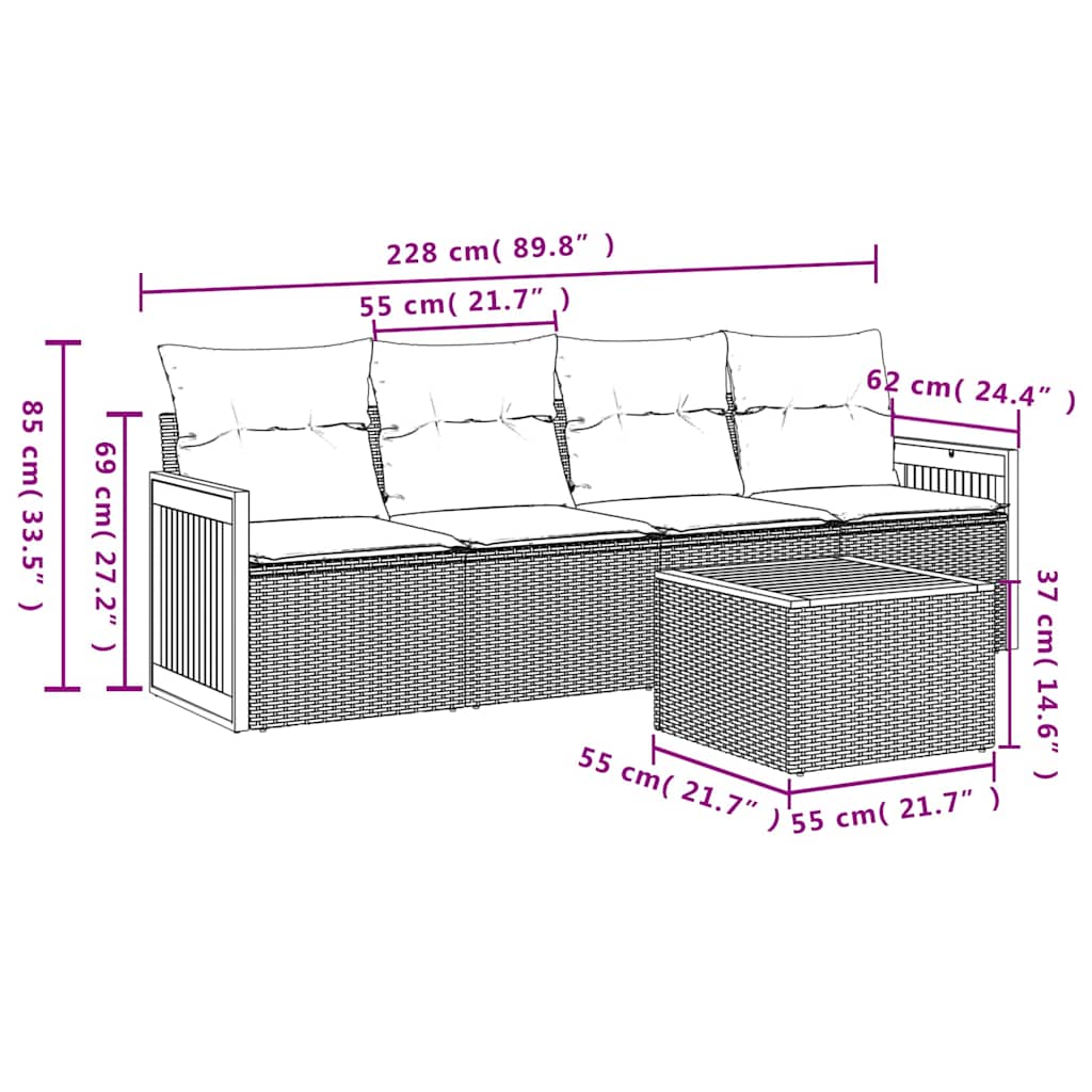 5-teiliges Gartensofa-Set mit Kissen, schwarzes Polyrattan – Ansicht 7