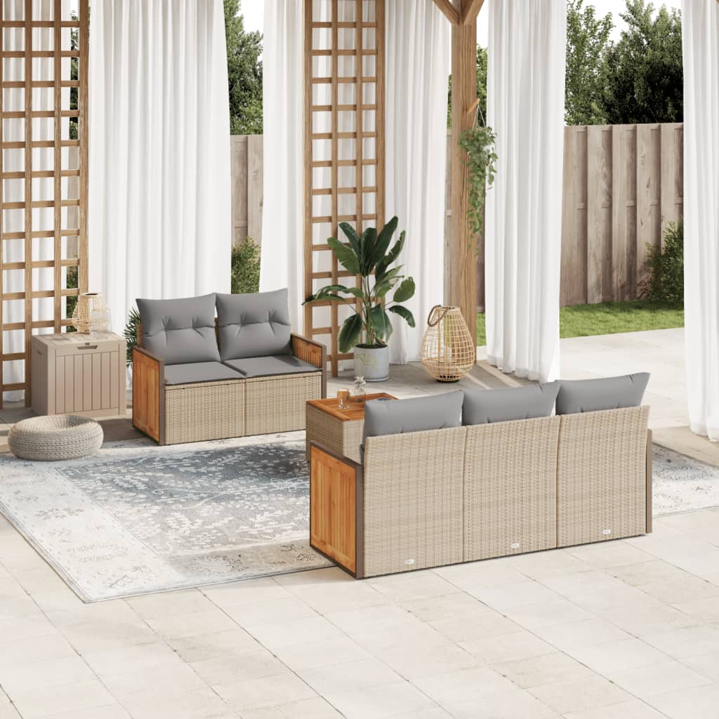 vidaXL 6-tlg. Garten-Sofagarnitur mit Kissen Beige Poly Rattan