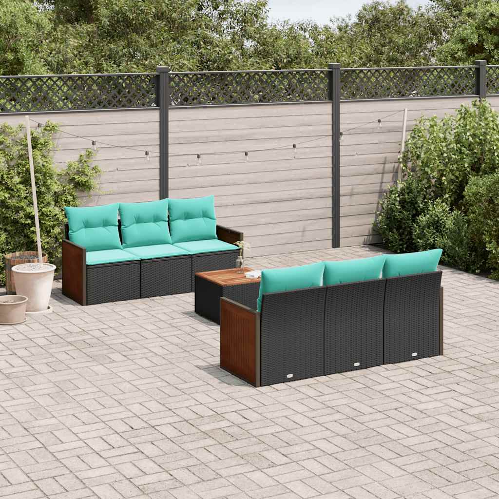 7 Piece Patio Sofa Set with Cushions Black Poly Rattan