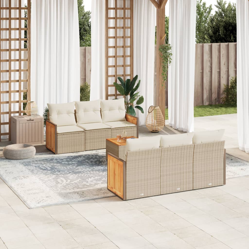 vidaXL 7-tlg. Garten-Sofagarnitur mit Kissen Beige Poly Rattan