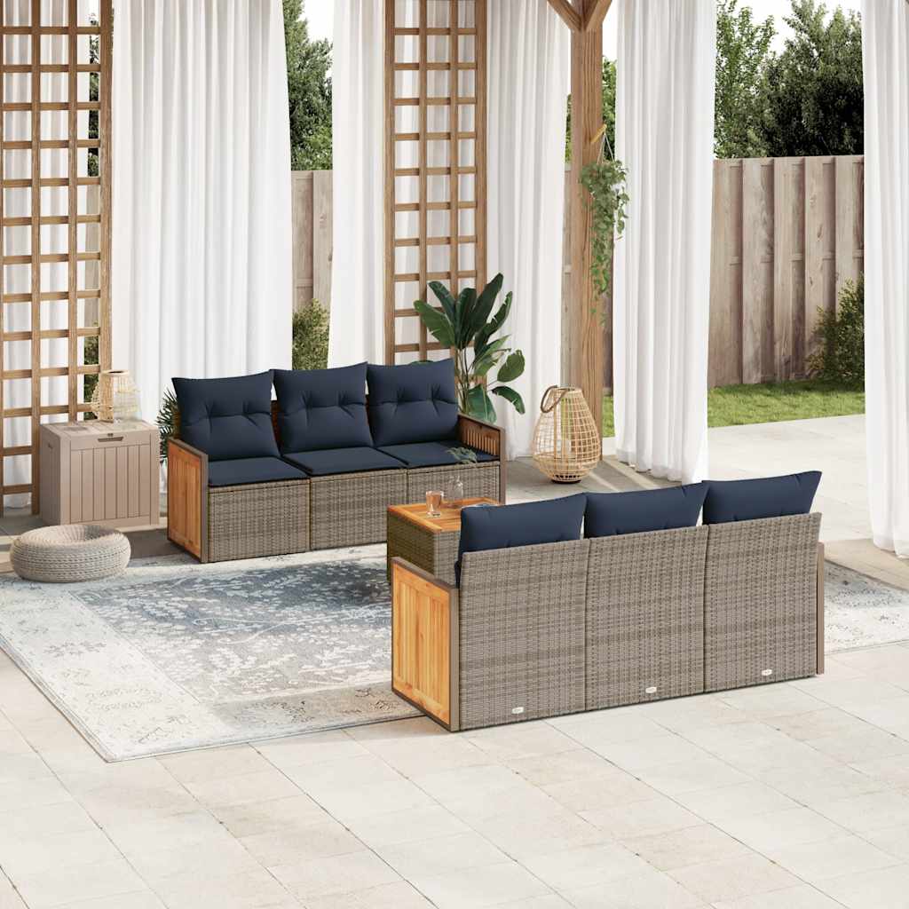 Havesofasæt i grå polyrattan med marineblå hynder - 7 dele