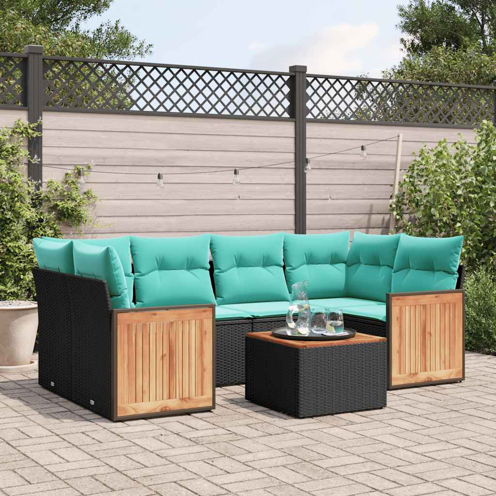 vidaXL 7-teiliges Gartensofa-Set mit Kissen, schwarzes Polyrattan