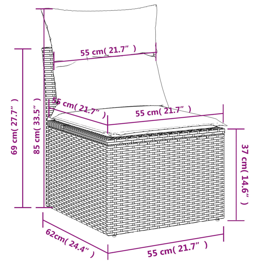 Zestaw wypoczynkowy rattan PE 7os. + stolik, czarny, 62x62x69 cm, kremowe poduszki