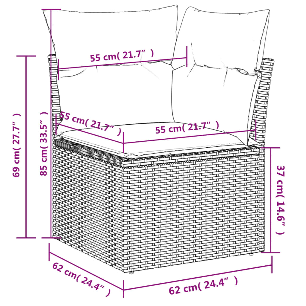 Zestaw wypoczynkowy rattan PE 7os. + stolik, czarny, 62x62x69 cm, kremowe poduszki