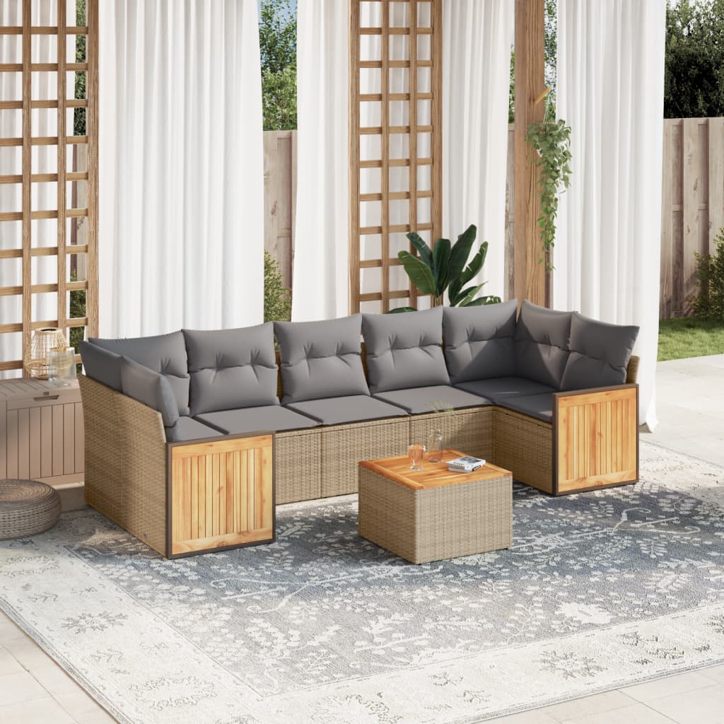 vidaXL 8-tlg. Garten-Sofagarnitur mit Kissen Beige Poly Rattan