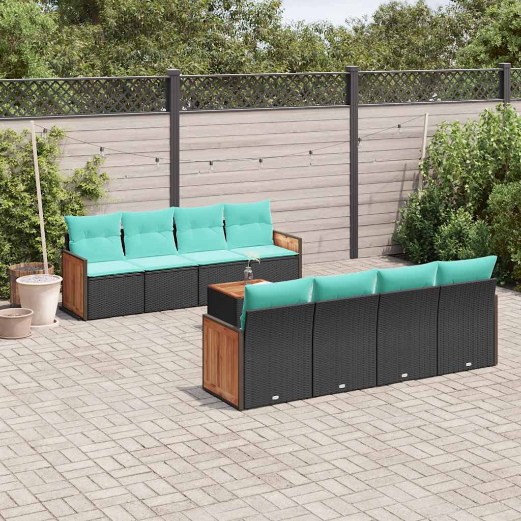 9 Piece Patio Sofa Set with Cushions Black Poly Rattan