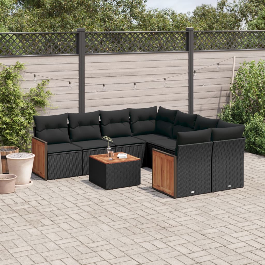 vidaXL Salon de jardin 9 pcs avec coussins noir résine tressée