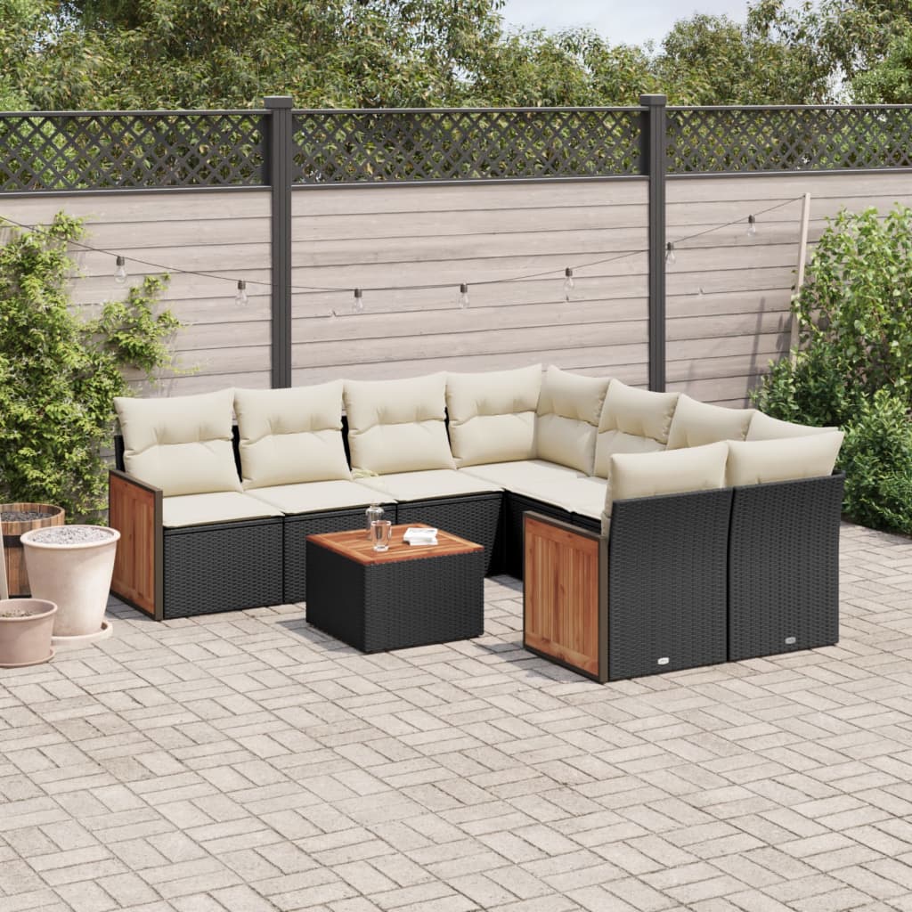 9-tlg. Garten-Sofagarnitur mit Kissen Schwarz Poly Rattan