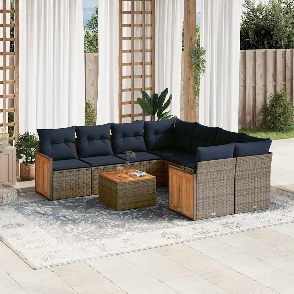 Havesofasæt i grå polyrattan - 9 dele med marineblå hynder