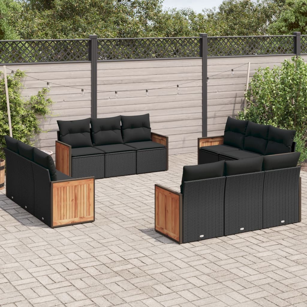 12-tlg. Garten-Sofagarnitur mit Kissen Schwarz Poly Rattan