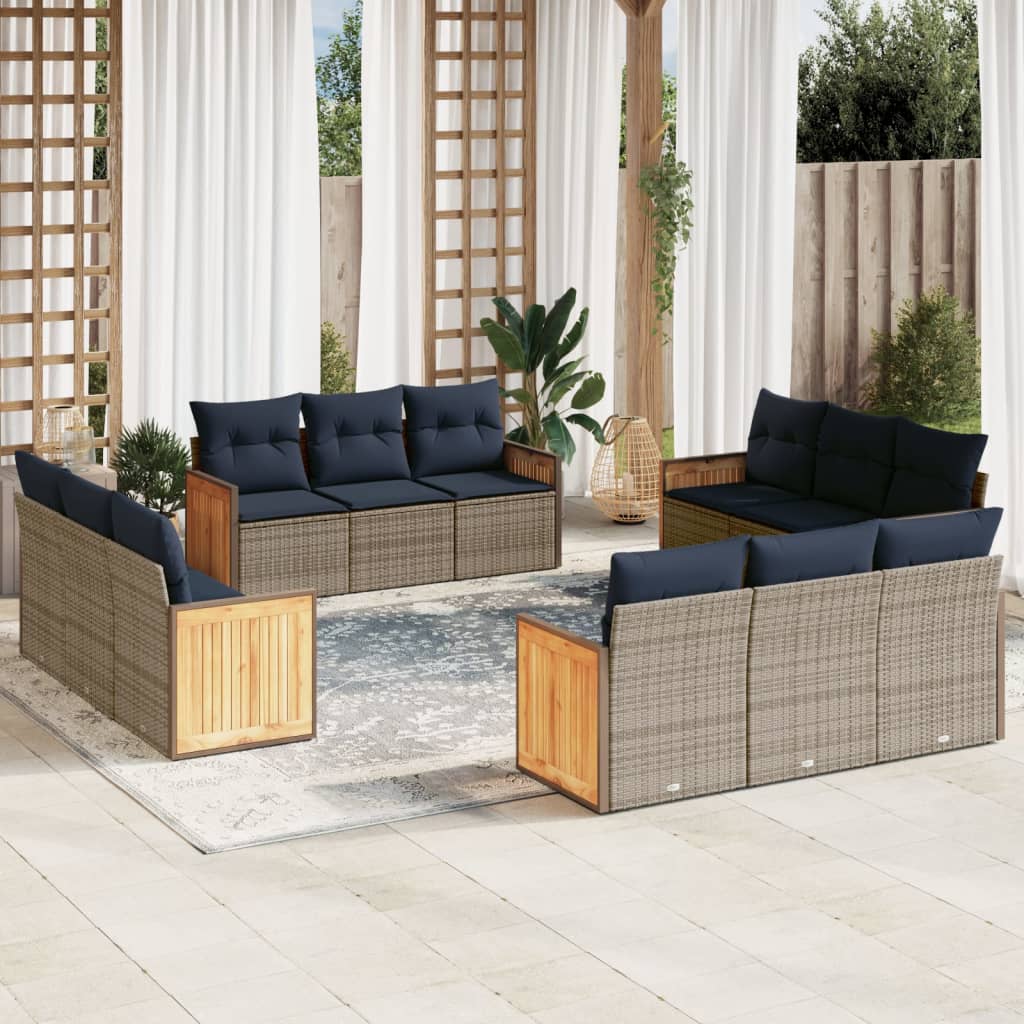 vidaXL 12-teiliges Gartensofa-Set mit Kissen, grau, Polyrattan