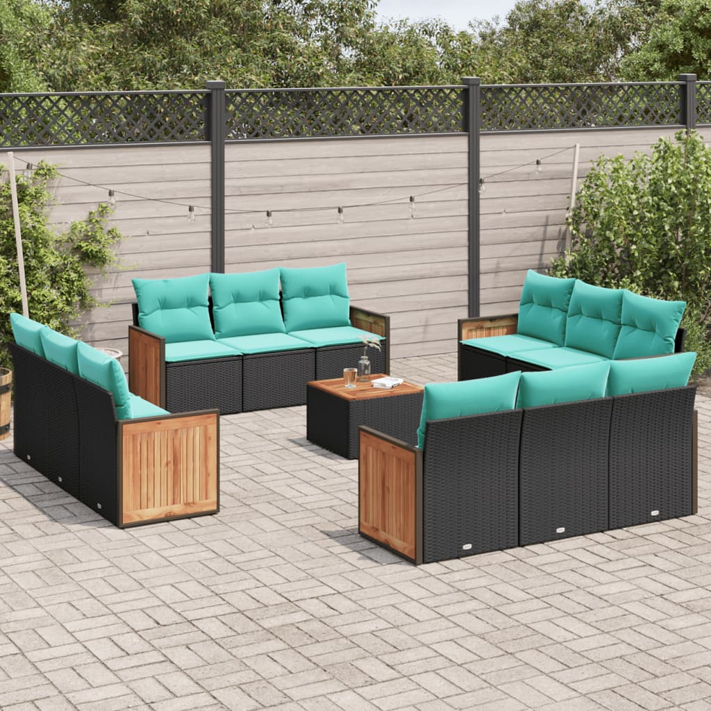 13-delige tuinbankset met kussens van zwart polyrotan – afbeelding 1