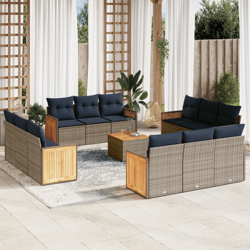 vidaXL 13-teiliges Gartensofa-Set mit Kissen, grau, Polyrattan