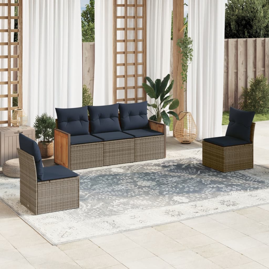 vidaXL 5-teiliges Gartensofa-Set mit Kissen, grau, Polyrattan