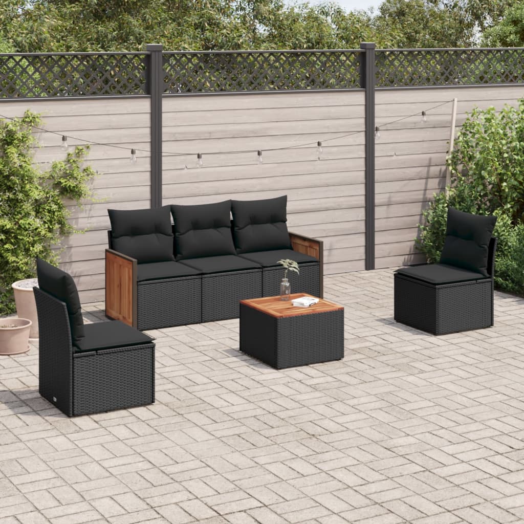 vidaXL 6-tlg. Garten-Sofagarnitur mit Kissen Schwarz Poly Rattan