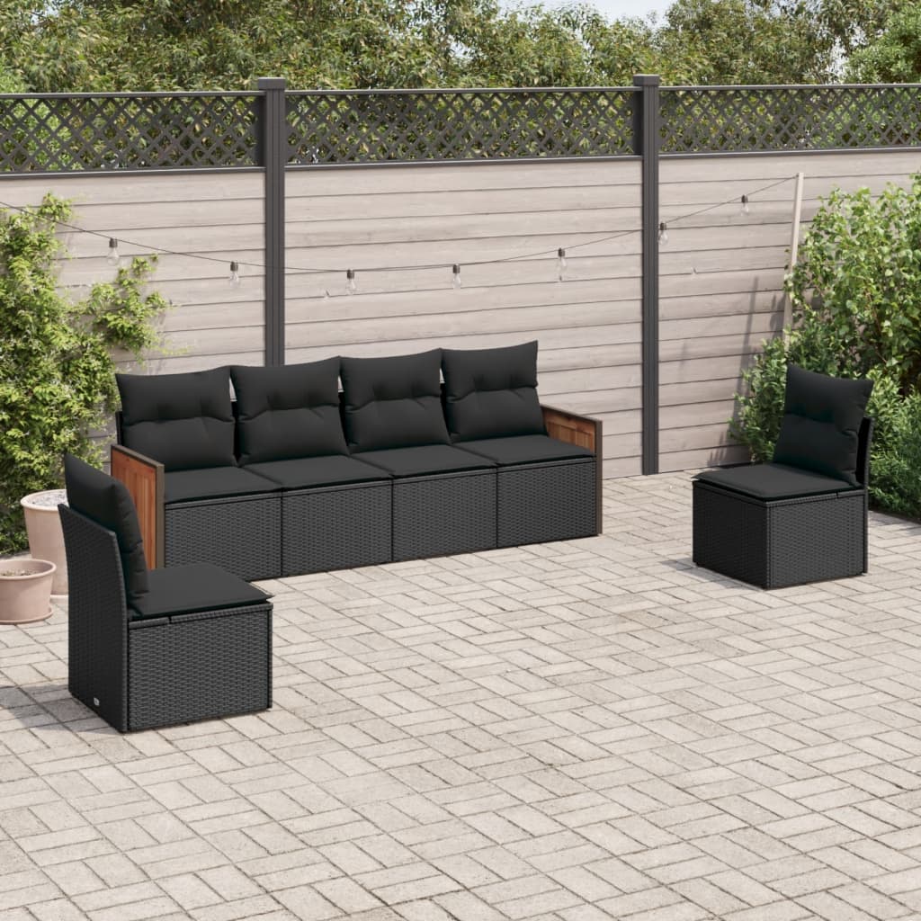 vidaXL 6-tlg. Garten-Sofagarnitur mit Kissen Schwarz Poly Rattan