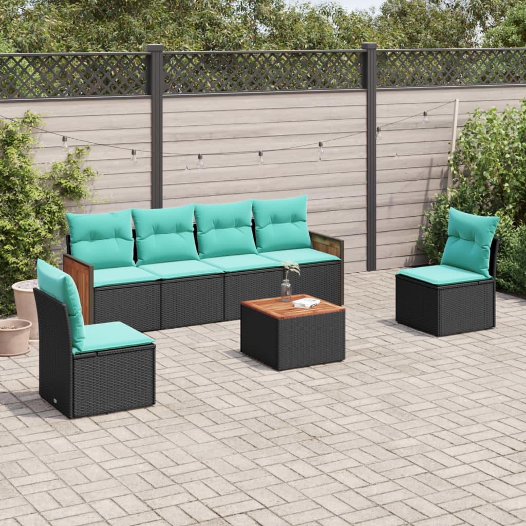 7 Piece Patio Sofa Set with Cushions Black Poly Rattan