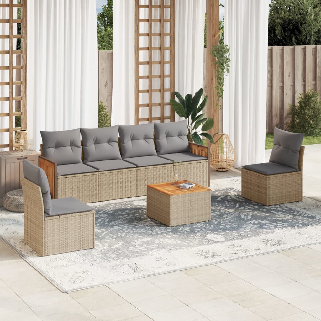 vidaXL 7-tlg. Garten-Sofagarnitur mit Kissen Beige Poly Rattan