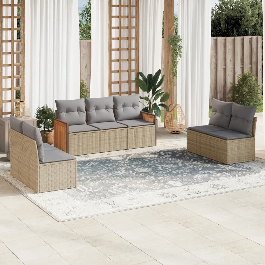 7-tlg. Garten-Sofagarnitur mit Kissen Beige Poly Rattan