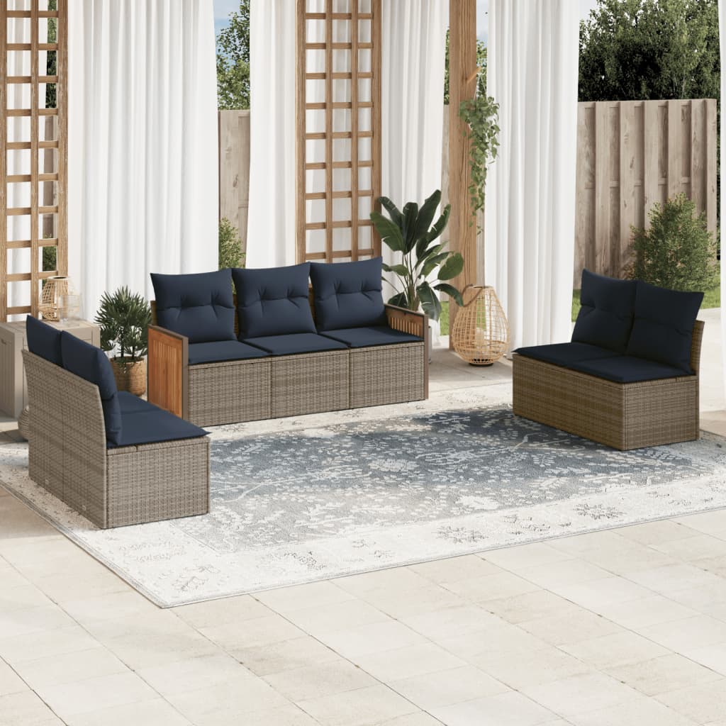 vidaXL 7-teiliges Gartensofa-Set mit Kissen, grau, Polyrattan