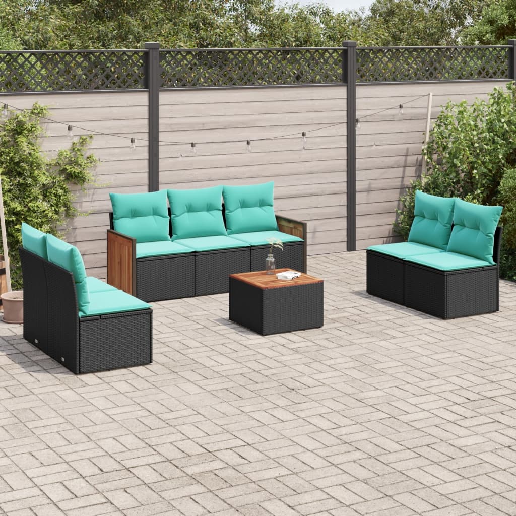 vidaXL 8-teiliges Gartensofa-Set mit Kissen, schwarzes Polyrattan