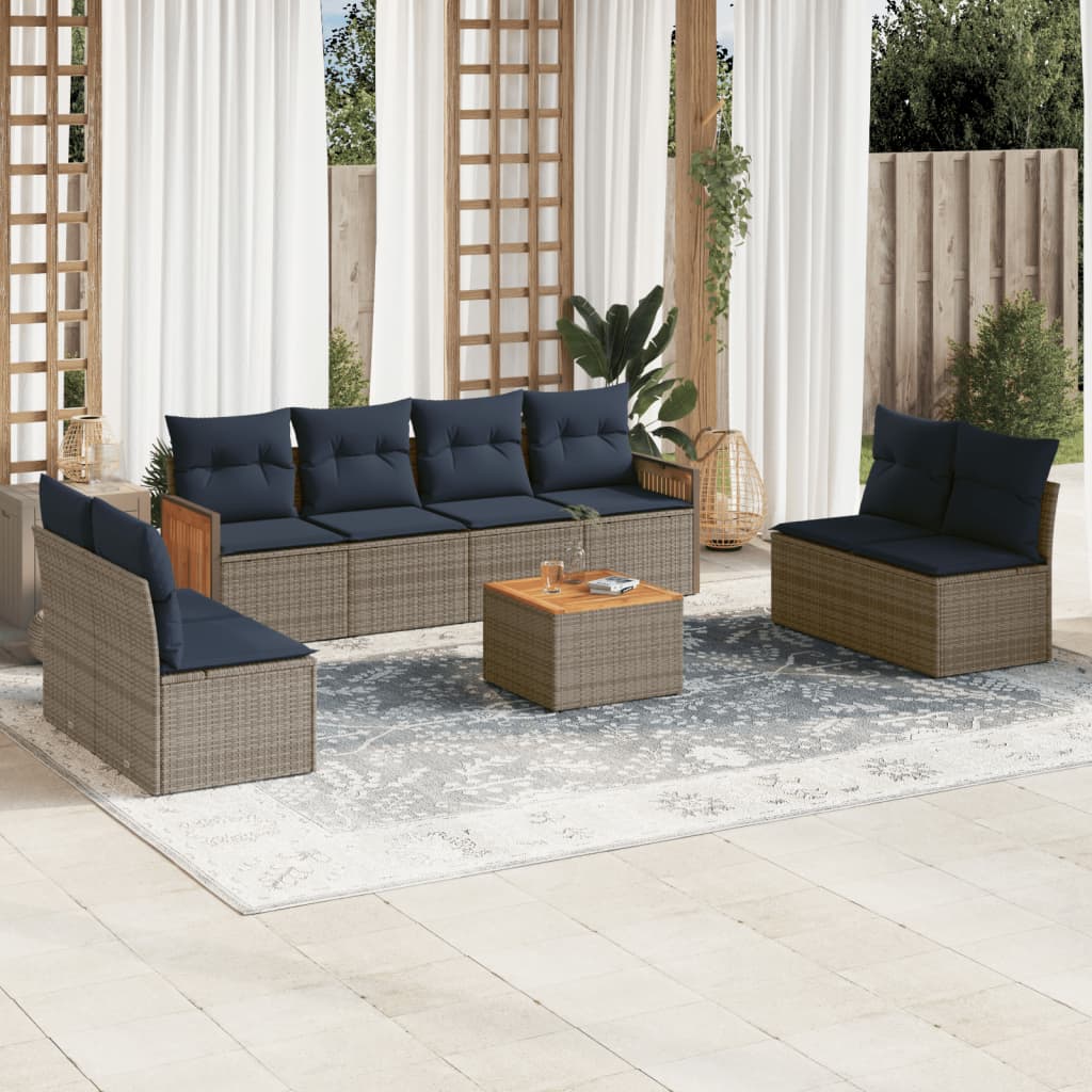 Havesofasæt i grå polyrattan med hynder - 9 dele, marineblå