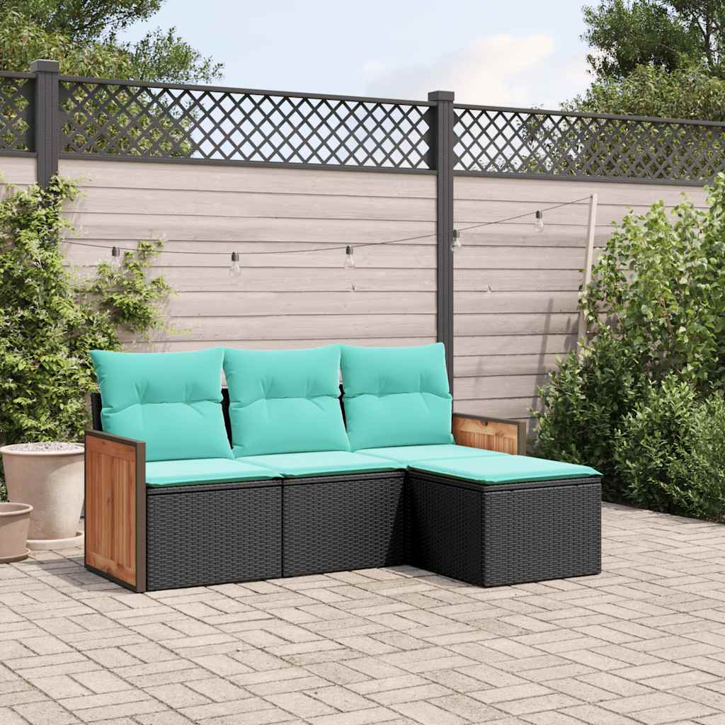 vidaXL 4-teiliges Gartensofa-Set mit Kissen, schwarzes Polyrattan