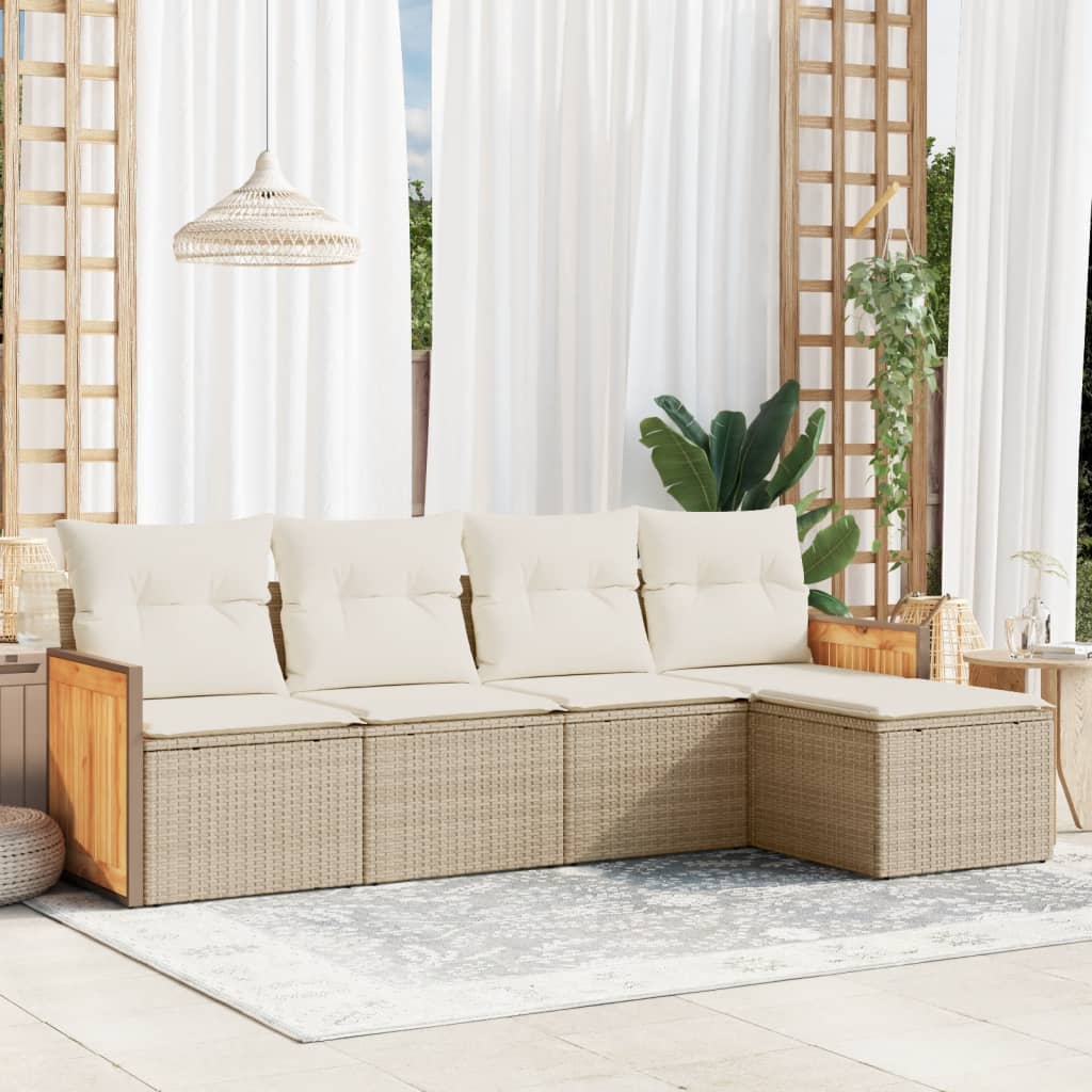 vidaXL 5-tlg. Garten-Sofagarnitur mit Kissen Beige Poly Rattan