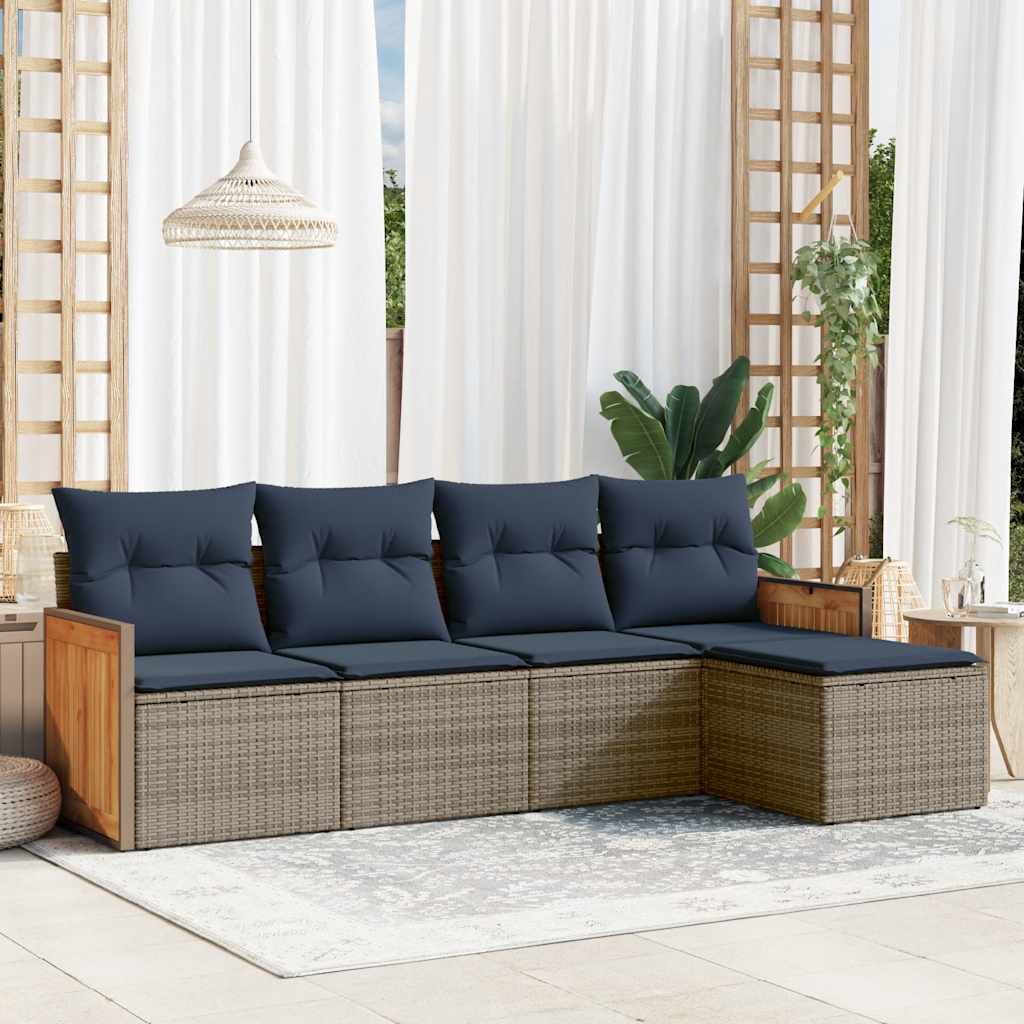 Havesofasæt i 5 dele med hynder - grå polyrattan, marineblå hynder