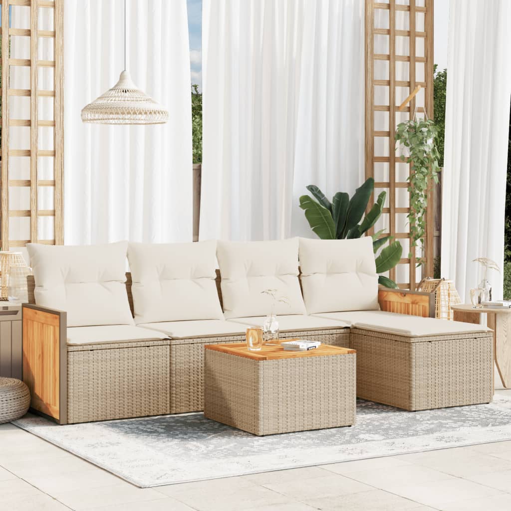 vidaXL 6-tlg. Garten-Sofagarnitur mit Kissen Beige Poly Rattan