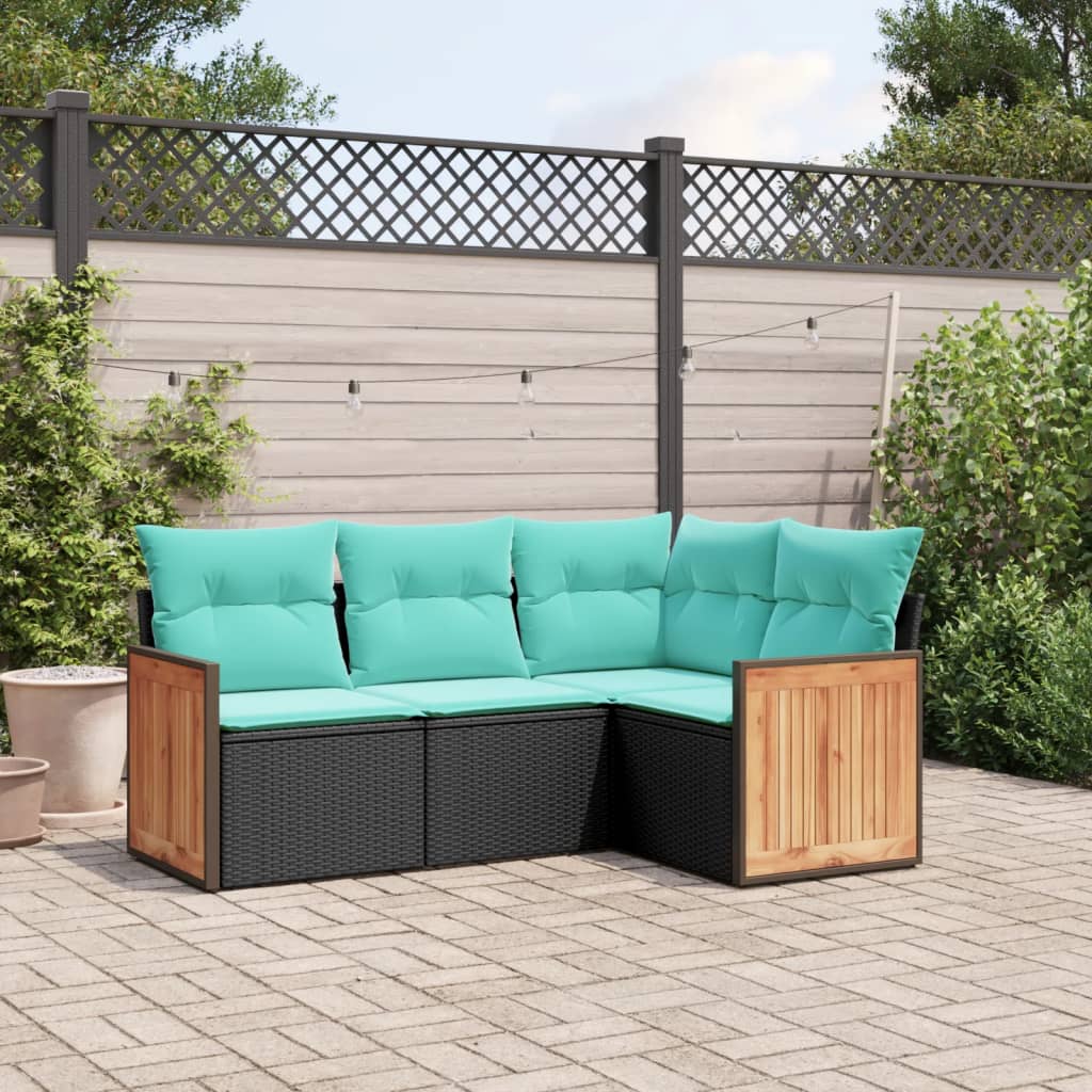 vidaXL 4-teiliges Gartensofa-Set mit Kissen, schwarzes Polyrattan