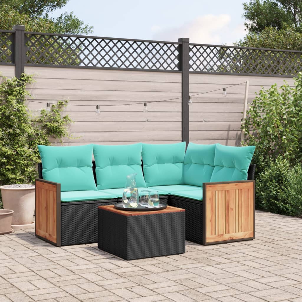 5 Piece Patio Sofa Set with Cushions Black Poly Rattan