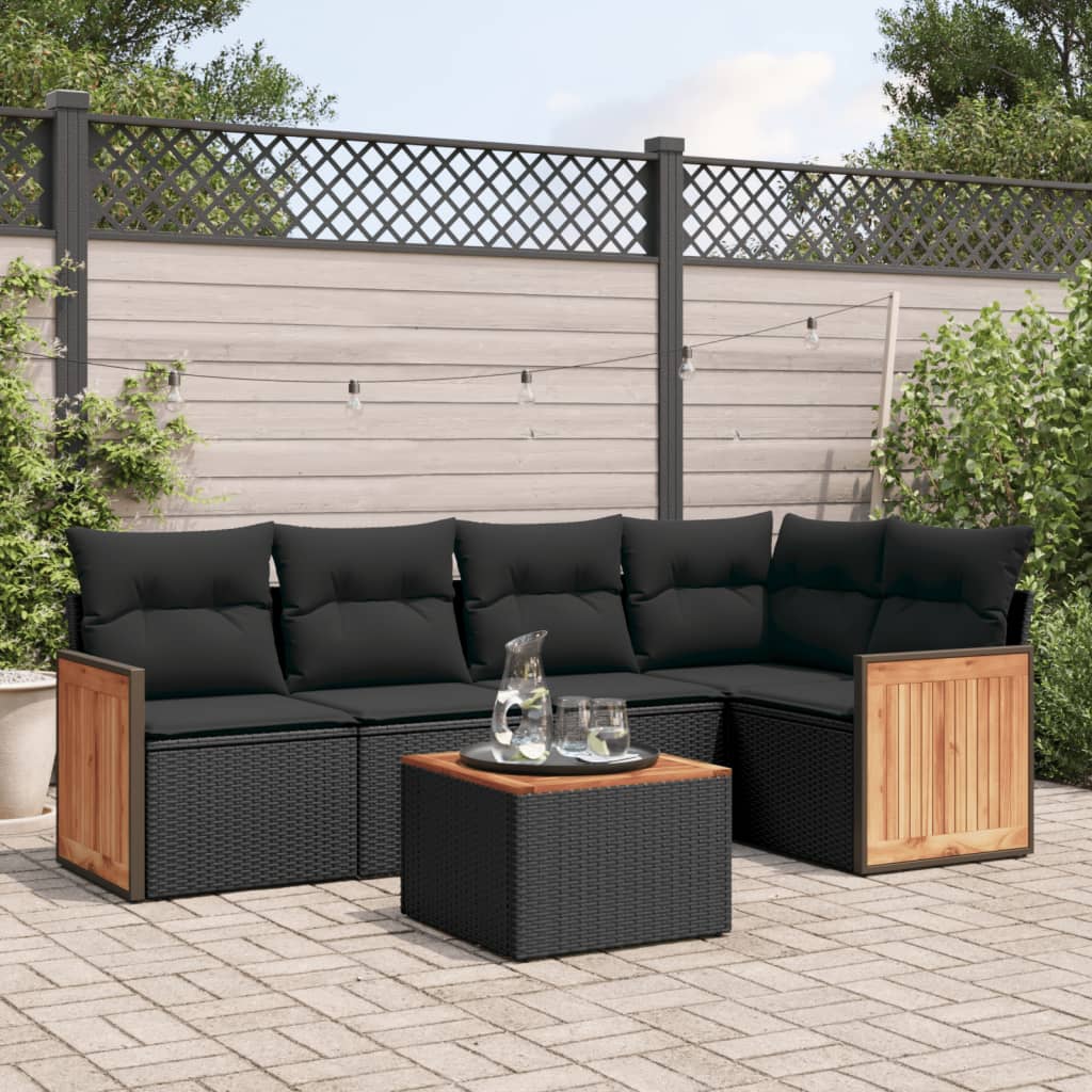 vidaXL 6-tlg. Garten-Sofagarnitur mit Kissen Schwarz Poly Rattan