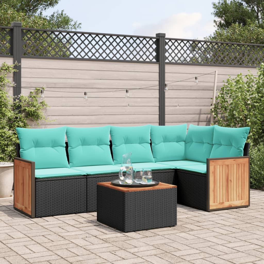 vidaXL 6-teiliges Gartensofa-Set mit Kissen, schwarzes Polyrattan