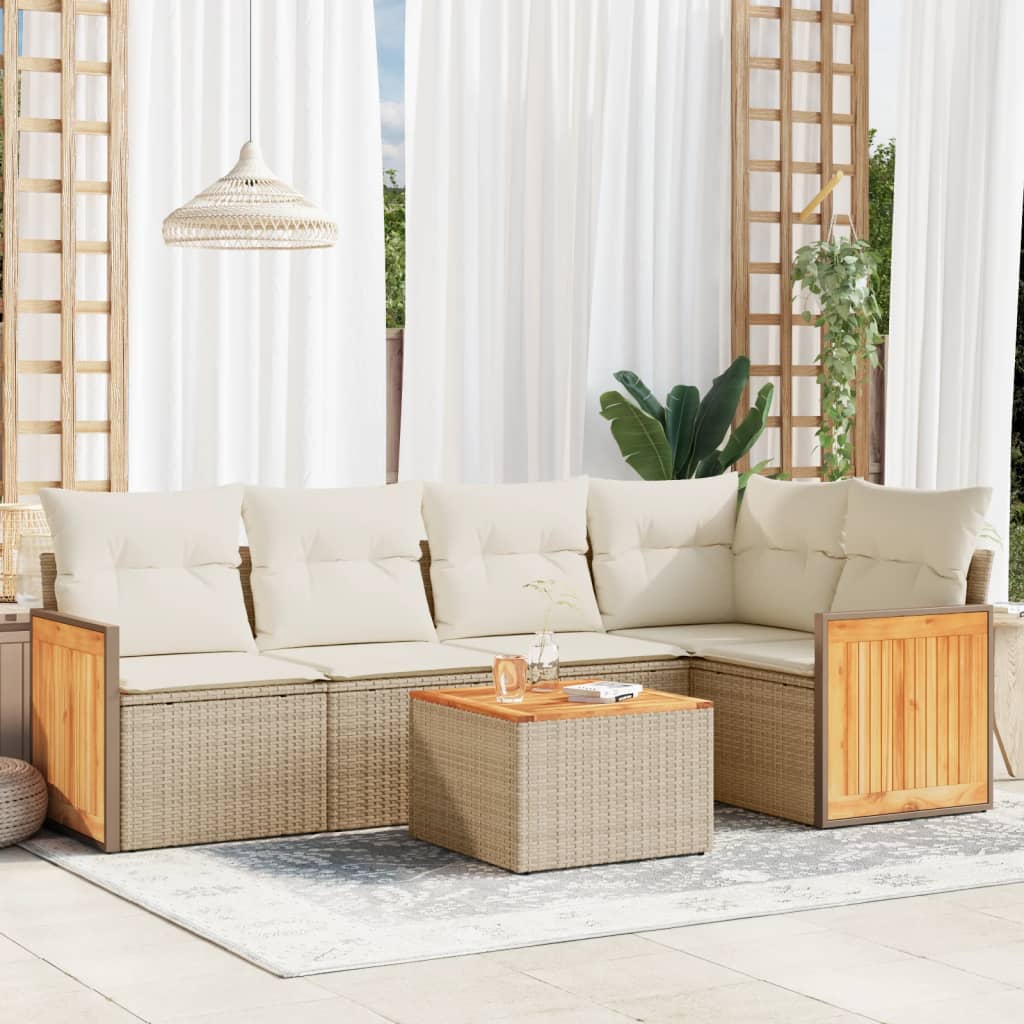 vidaXL 6-tlg. Garten-Sofagarnitur mit Kissen Beige Poly Rattan