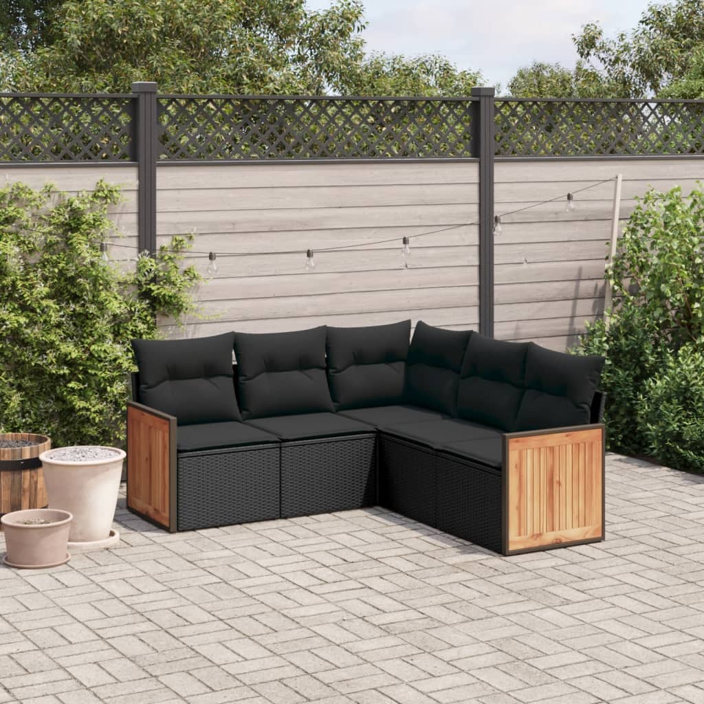 vidaXL 5-tlg. Garten-Sofagarnitur mit Kissen Schwarz Poly Rattan