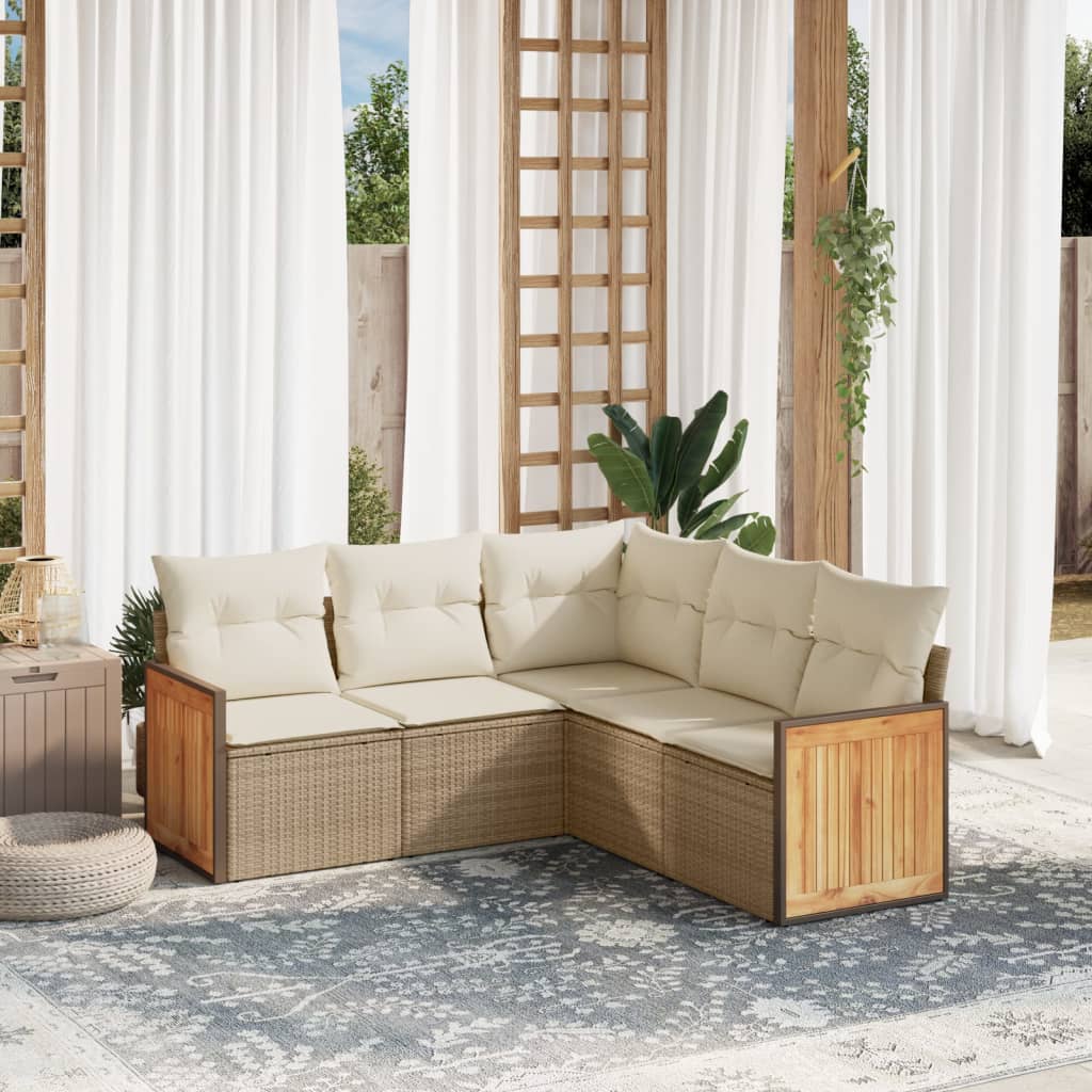 vidaXL 5-tlg. Garten-Sofagarnitur mit Kissen Beige Poly Rattan