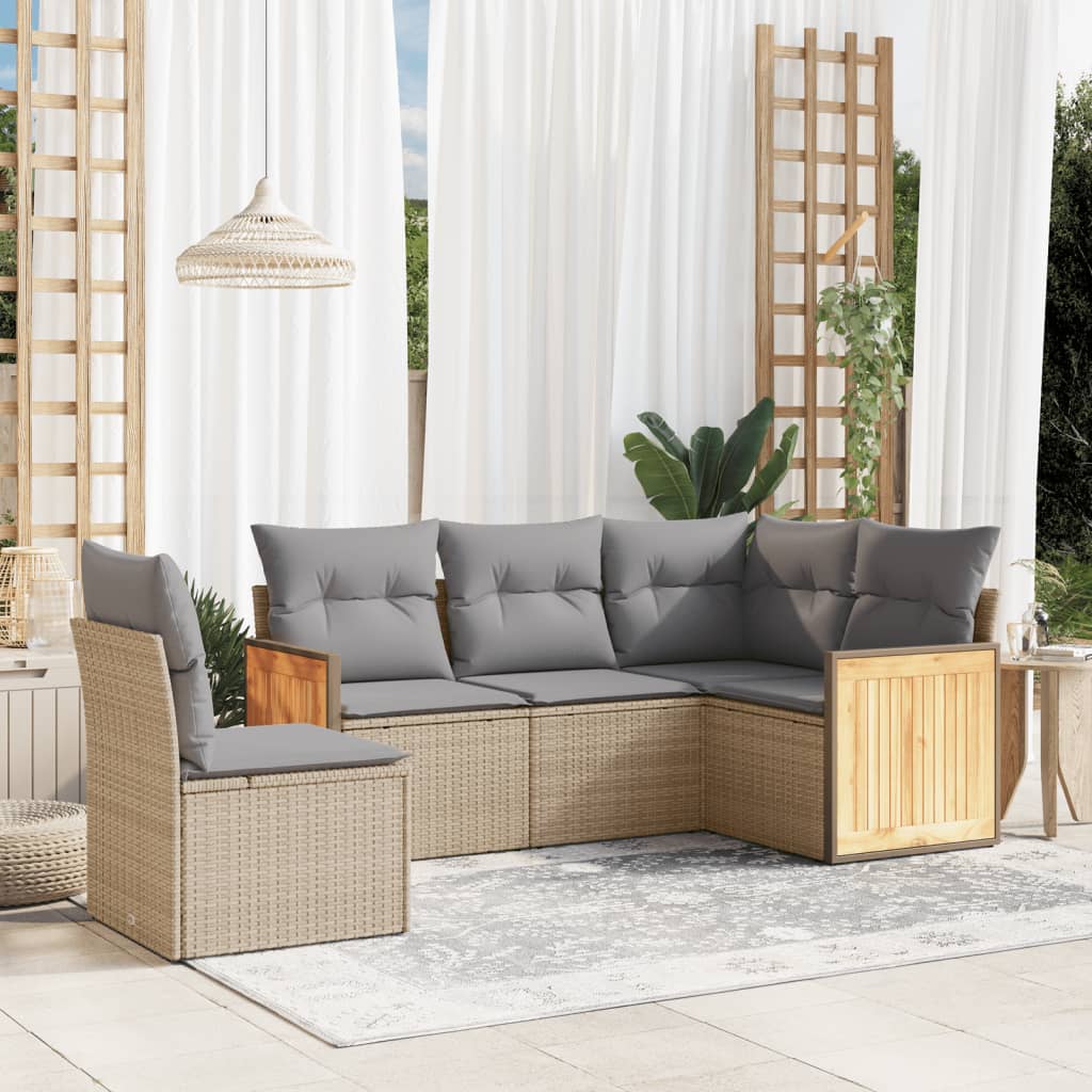 vidaXL 5-tlg. Garten-Sofagarnitur mit Kissen Beige Poly Rattan