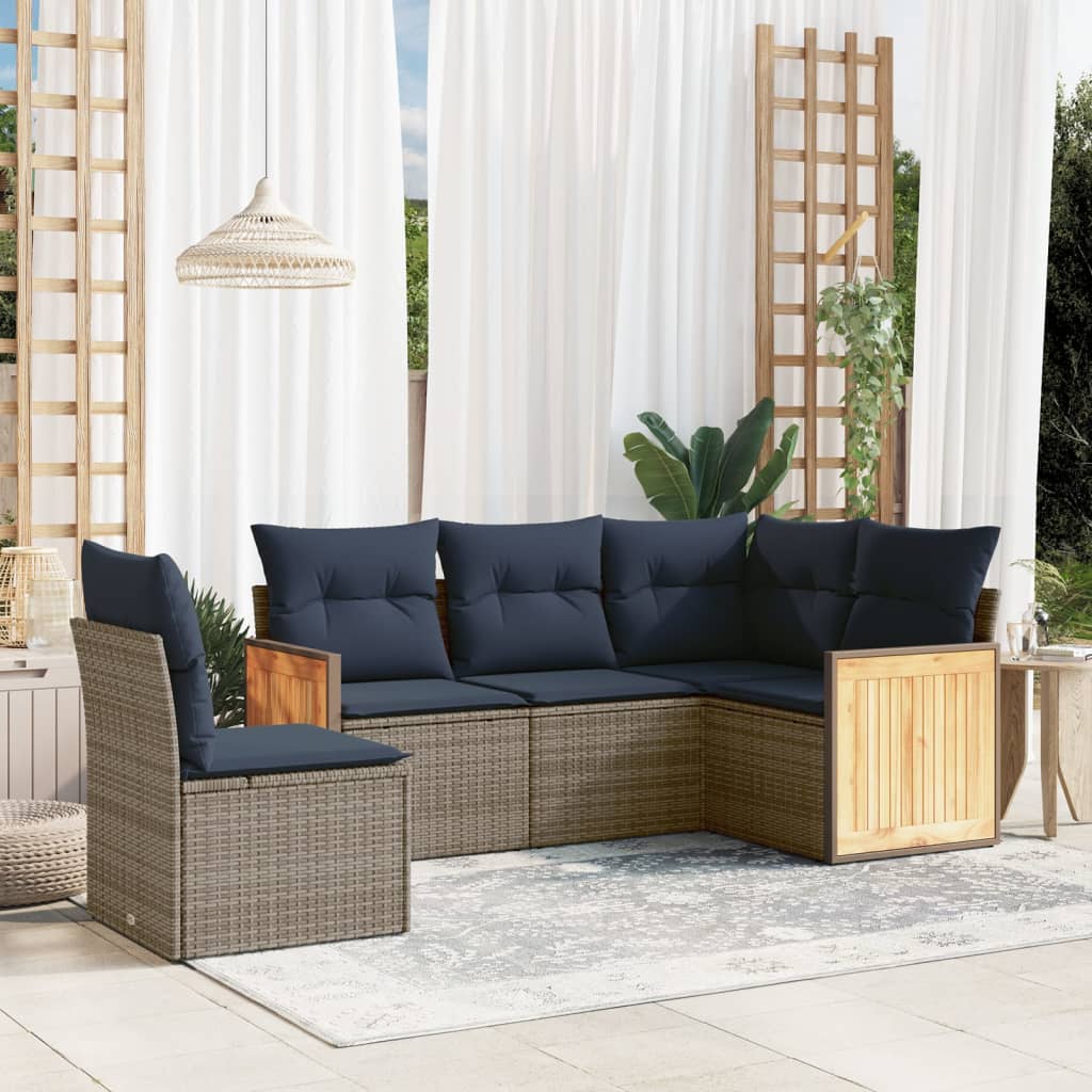 vidaXL 5-teiliges Gartensofa-Set mit Kissen, grau, Polyrattan