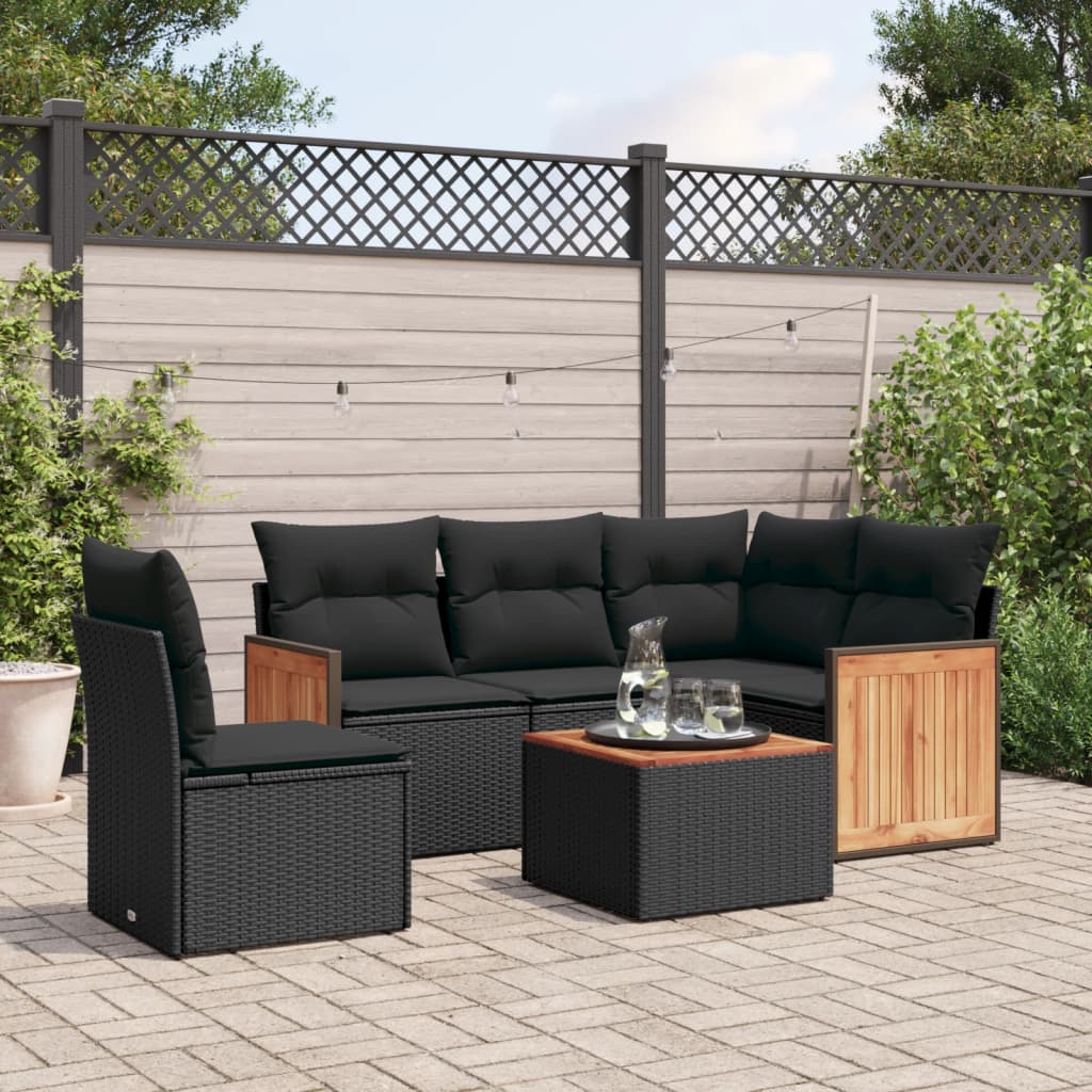 vidaXL 6-tlg. Garten-Sofagarnitur mit Kissen Schwarz Poly Rattan