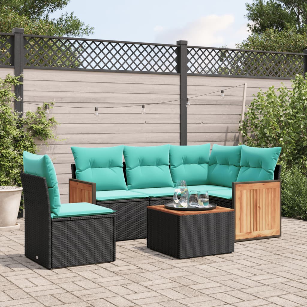 vidaXL 6-teiliges Gartensofa-Set mit Kissen, schwarzes Polyrattan
