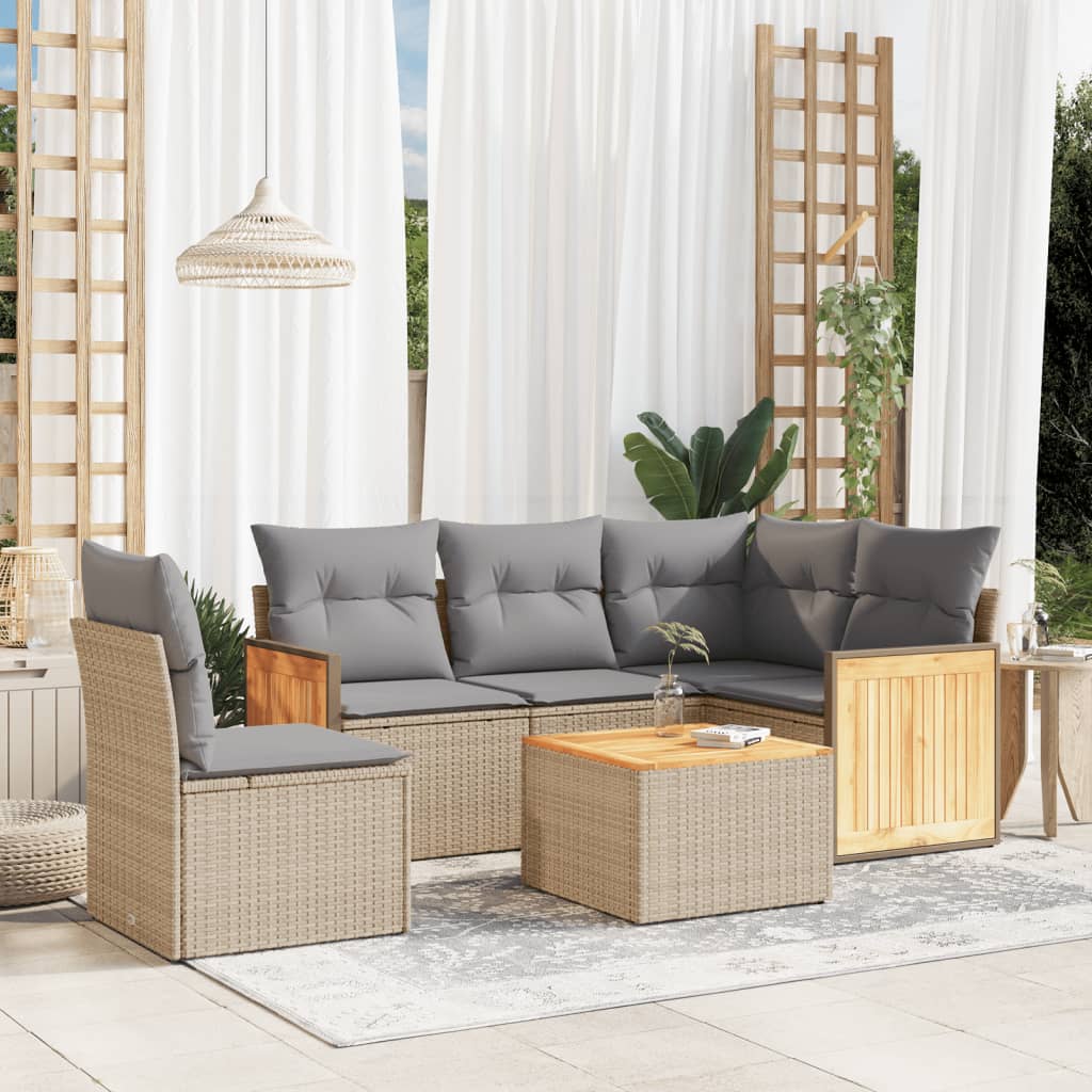 vidaXL 6-tlg. Garten-Sofagarnitur mit Kissen Beige Poly Rattan