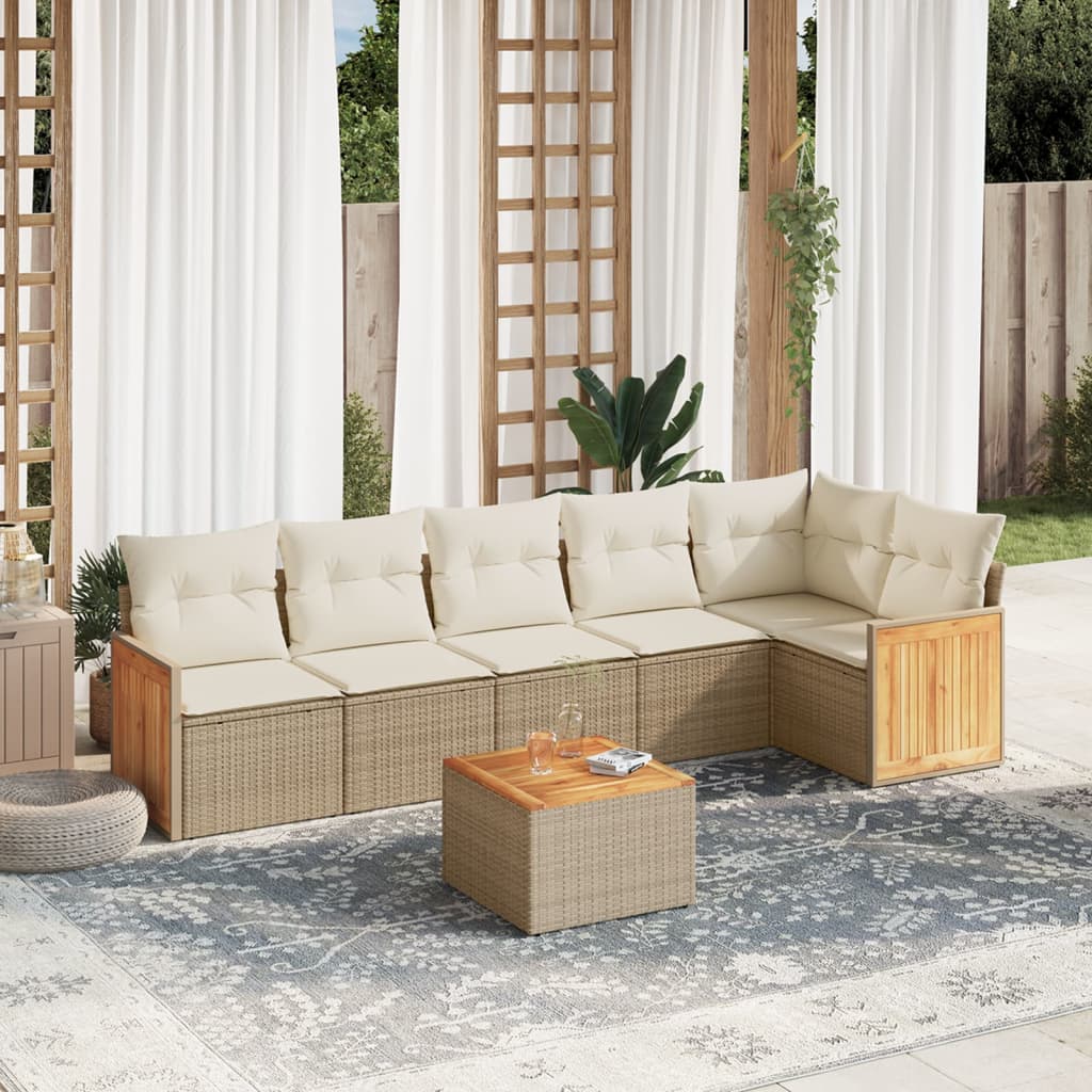 vidaXL 7-tlg. Garten-Sofagarnitur mit Kissen Beige Poly Rattan