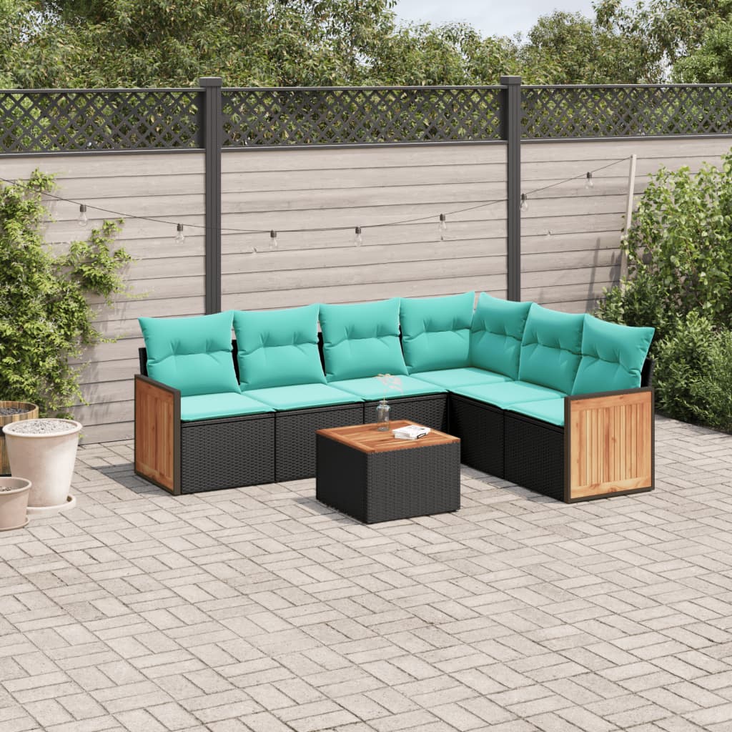 vidaXL 7-teiliges Gartensofa-Set mit Kissen, schwarzes Polyrattan