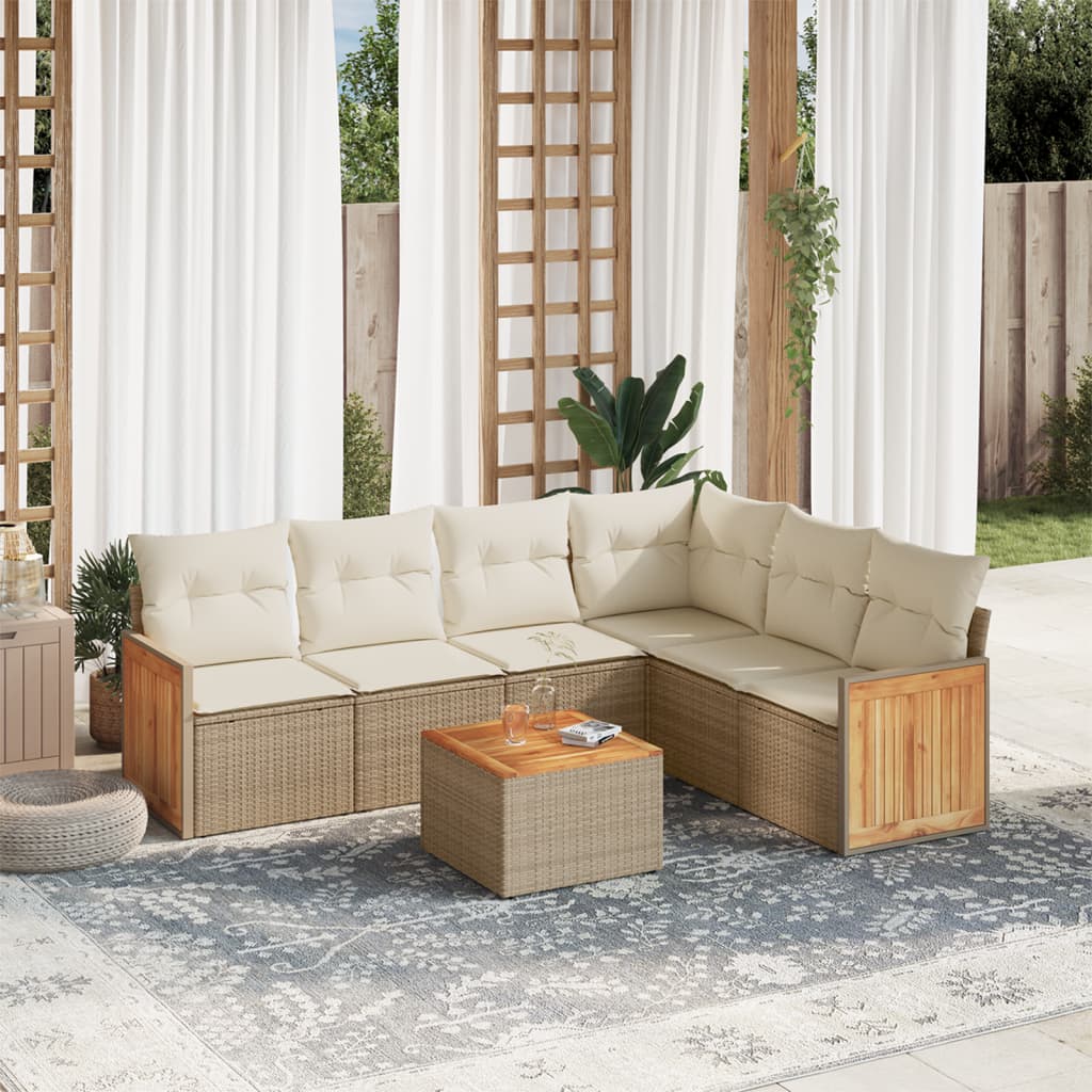 vidaXL 7-tlg. Garten-Sofagarnitur mit Kissen Beige Poly Rattan