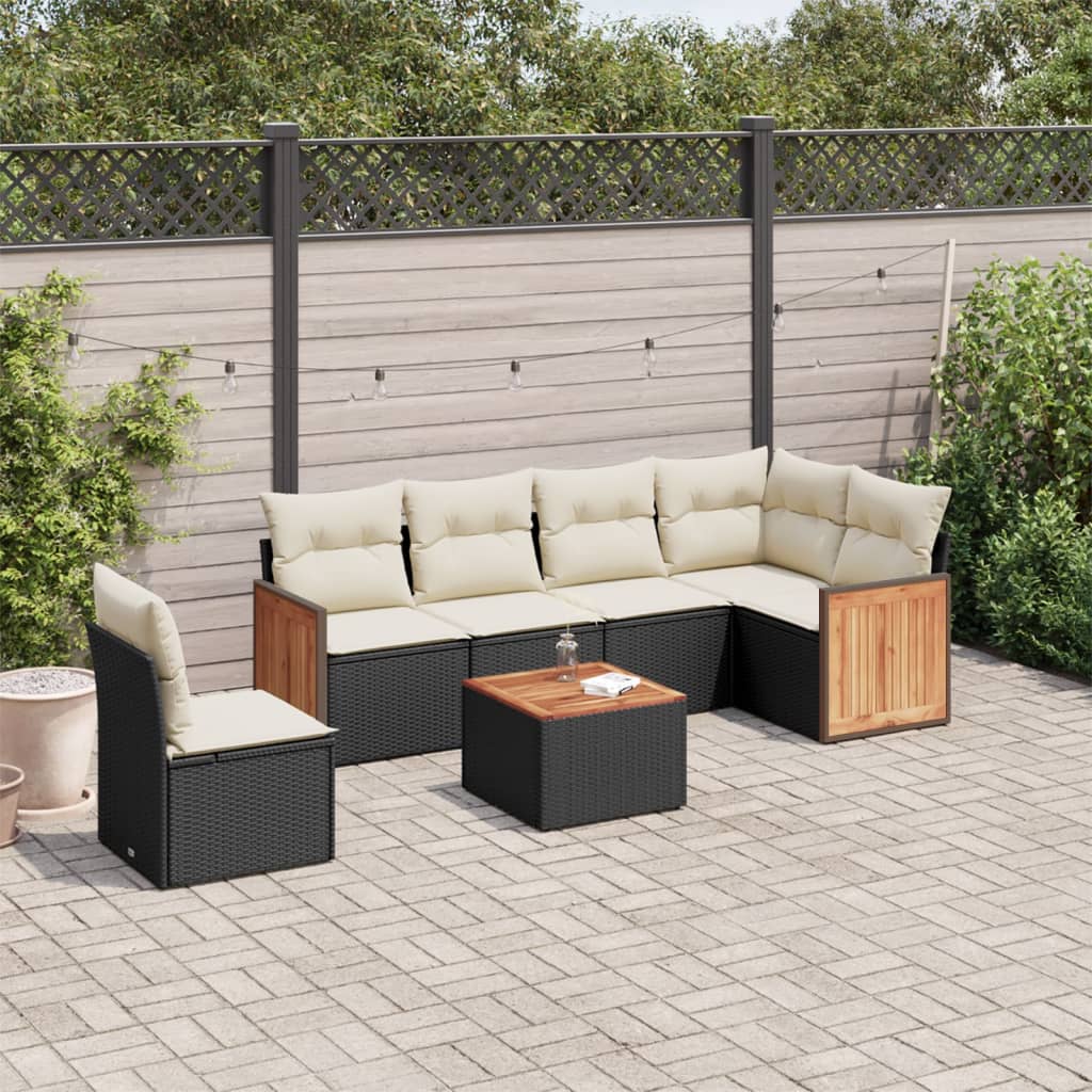 7-tlg. Garten-Sofagarnitur mit Kissen Schwarz Poly Rattan