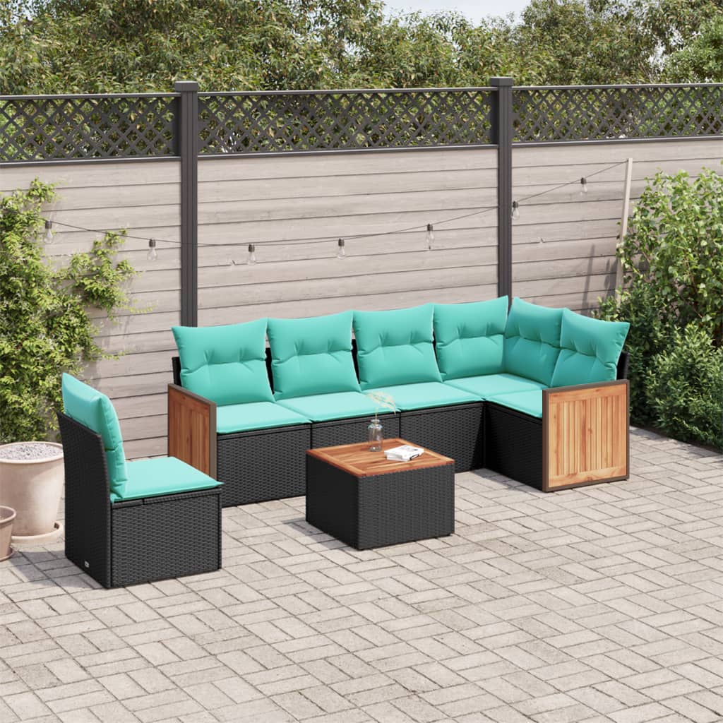 vidaXL 7-teiliges Gartensofa-Set mit Kissen, schwarzes Polyrattan